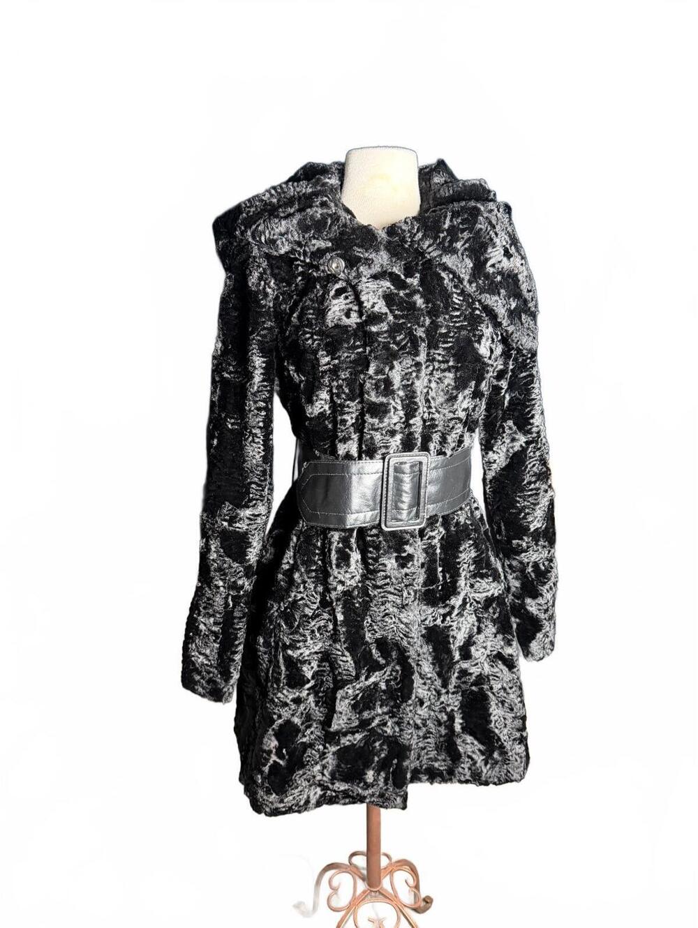 Y2K Black Faux Fur Coat Funnel High Neck Hood Snaps Twee Whimsigoth LAUNDRY XS